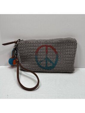 The Sak Wristlet Purse Clutch Boho Crochet Strap Zipper Pocket Grey Peace